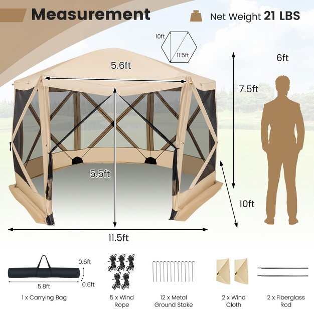 Costway 11 5 X 11 5 Ft 6 sided Pop up Screen House Tent With 2 Wind Panels For Camping Coffee green