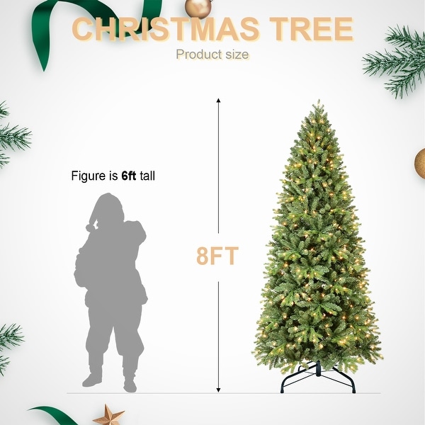 8FT PreLit Slim Christmas Tree，Green，Fir Xmas 'Feel Real' Artificial Tree，White Lights，Metal Hinged，Foldable Base