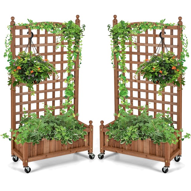 Tangkula 2pc 50in Wood Planter Box With Trellis And Wheels Mobile Plant Raised Bed For Indoorandoutdoor