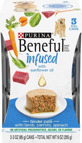 Purina Beneful Infused Pate With Real Lamb， Carrots and Spinach Wet Dog Food， 3-oz sleeve， case of 24