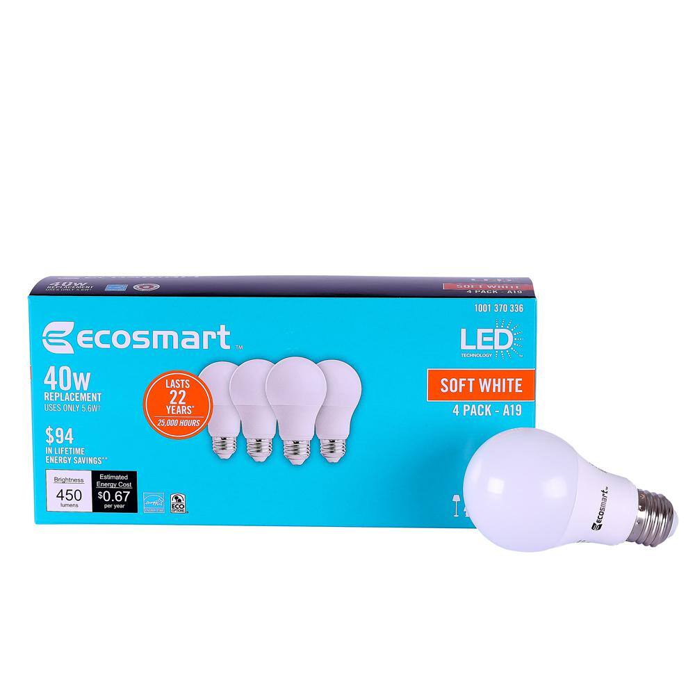 EcoSmart 40-Watt Equivalent A19 Dimmable LED Light Bulb Soft White (4-Pack) C5A19A40WESD07