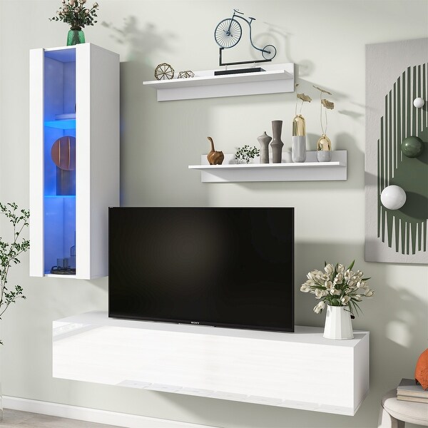 4-Piece Wall Mount Floating TV Stand with Media Cabinet RGB Lights