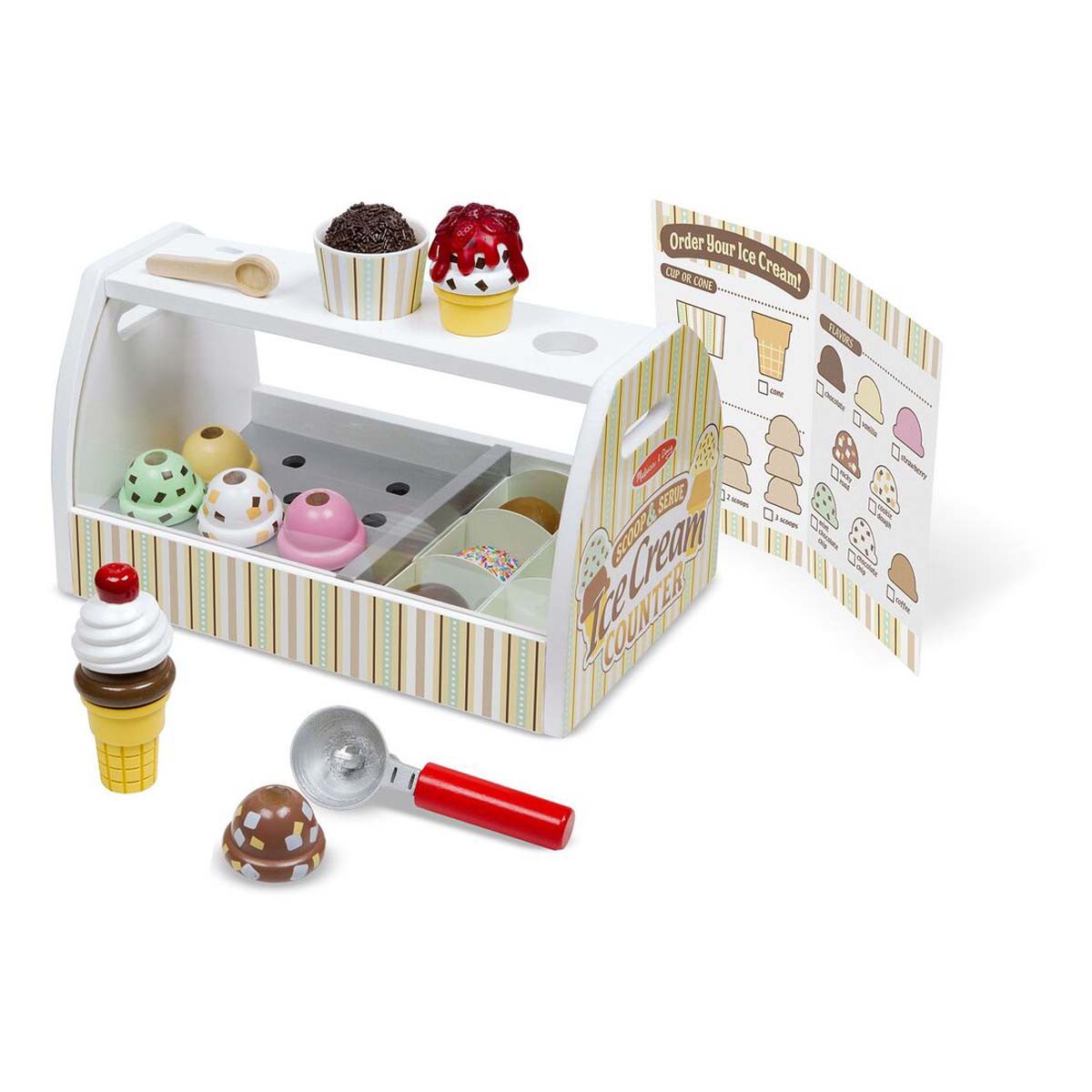 Melissa and Doug Wooden Scoop and Serve Ice Cream Counter (28 pcs) - Play Food and Accessories - Pretend Food， Ice Cream Toys， Ice Cream Shop Toys For Kids Ages 3+