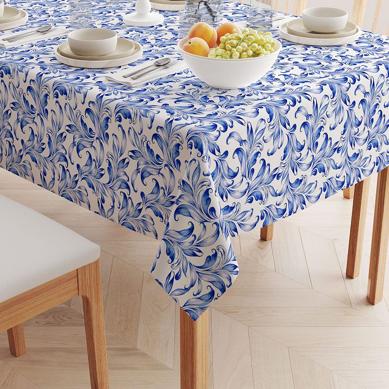 Square Tablecloth， 100% Polyester， 54x54， Blue Traditional Leaves