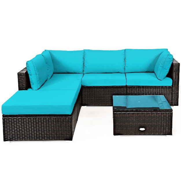 Tangkula 6pcs Patio Rattan Furniture Set Outdoor Sectional Sofa Set W coffee Table amp Ottoman Black navy turquoise red brown