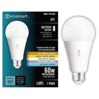 EcoSmart 60-Watt Equivalent A21 Dimmable CEC Battery Backup LED Light Bulb with Selectable Color Temperature (1-Pack) 11A21060WCCTB01