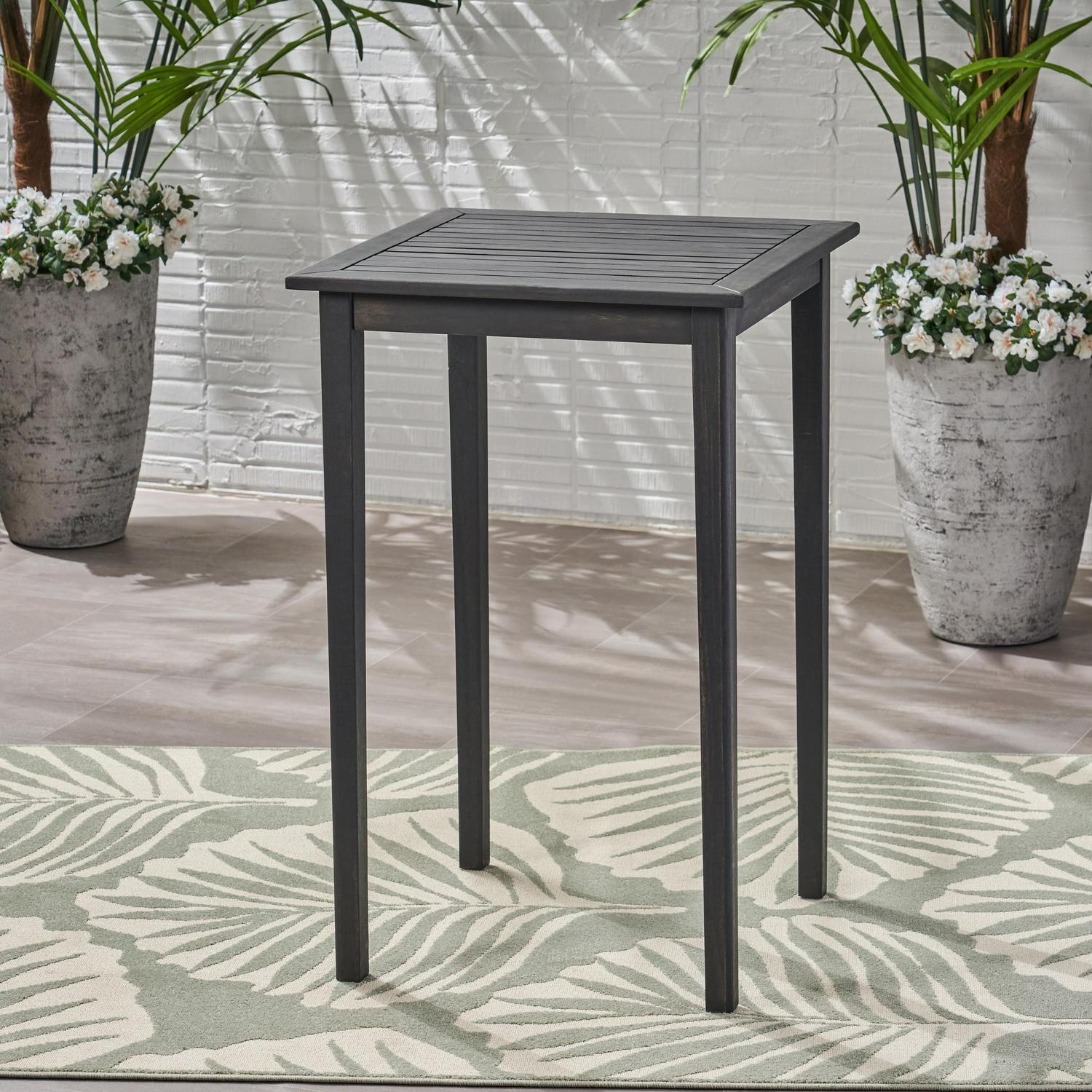 Chayah Outdoor Minimalist Acacia Wood Square Bar Table， Dark Gray