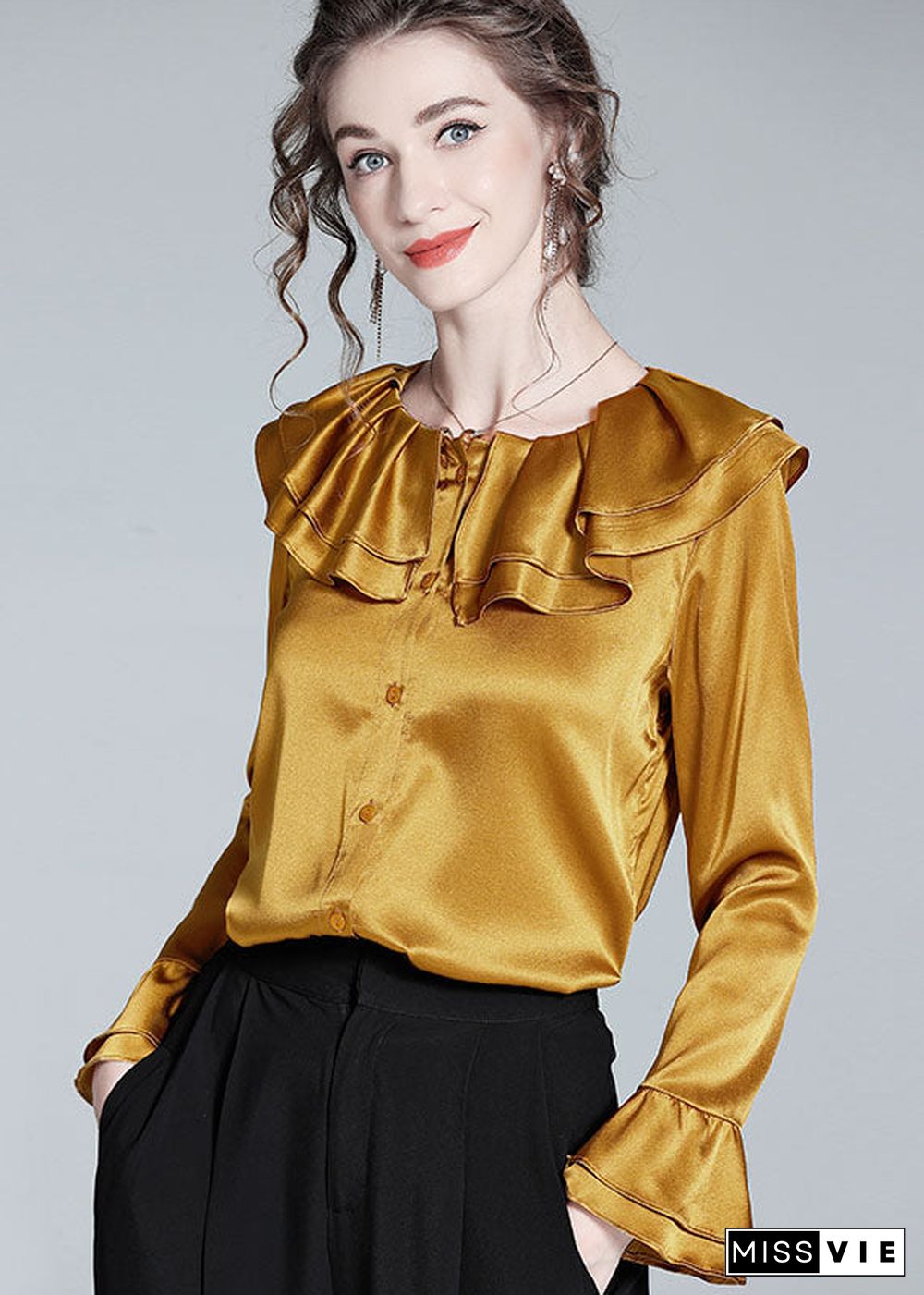 Style Gold Ruffled Patchwork Button Silk Shirt Flare Sleeve