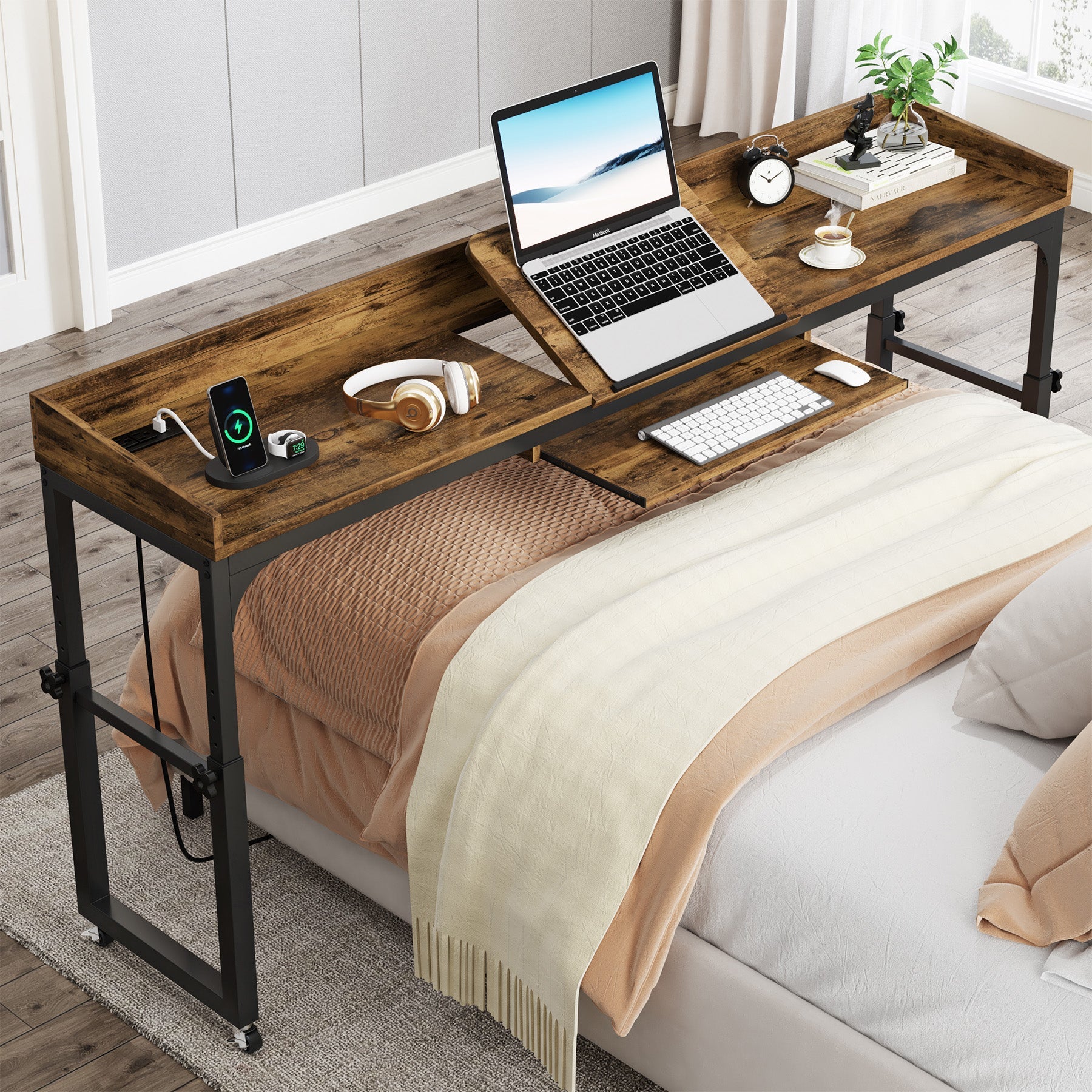 Height Adjustable Overbed Table with Wheels & Charging Station