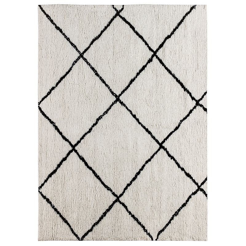 Merrick Lane 8' x 10' Ivory and Black Shag Style Diamond Trellis Area Rug