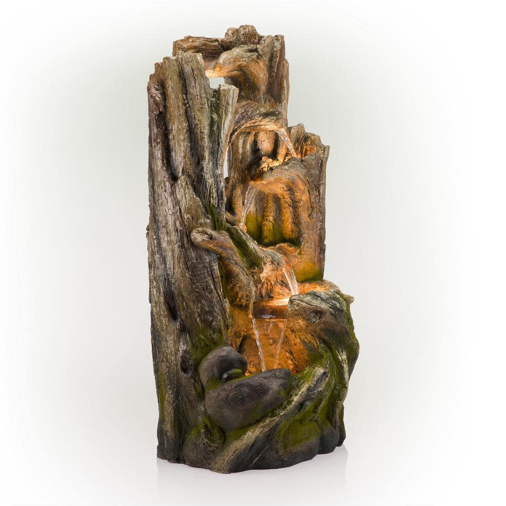 Alpine Corporation 59 in. Tall Indoor/Outdoor 5-Tier Waterfall Tree Stump Fountain with LED Lights WIN1520