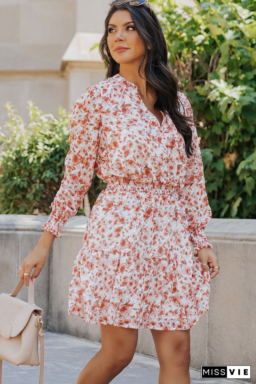 Red Shirred High Waist Floral Mini Dress