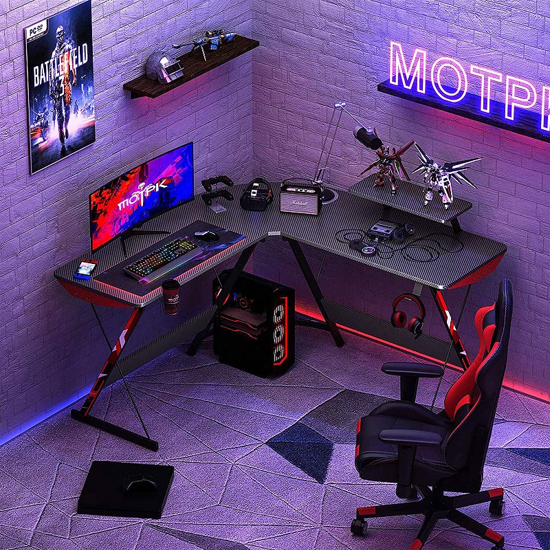 MOTPK 51 Inch L Shaped Carbon Fiber Computer Gaming Desk w/ Monitor Shelf， Black