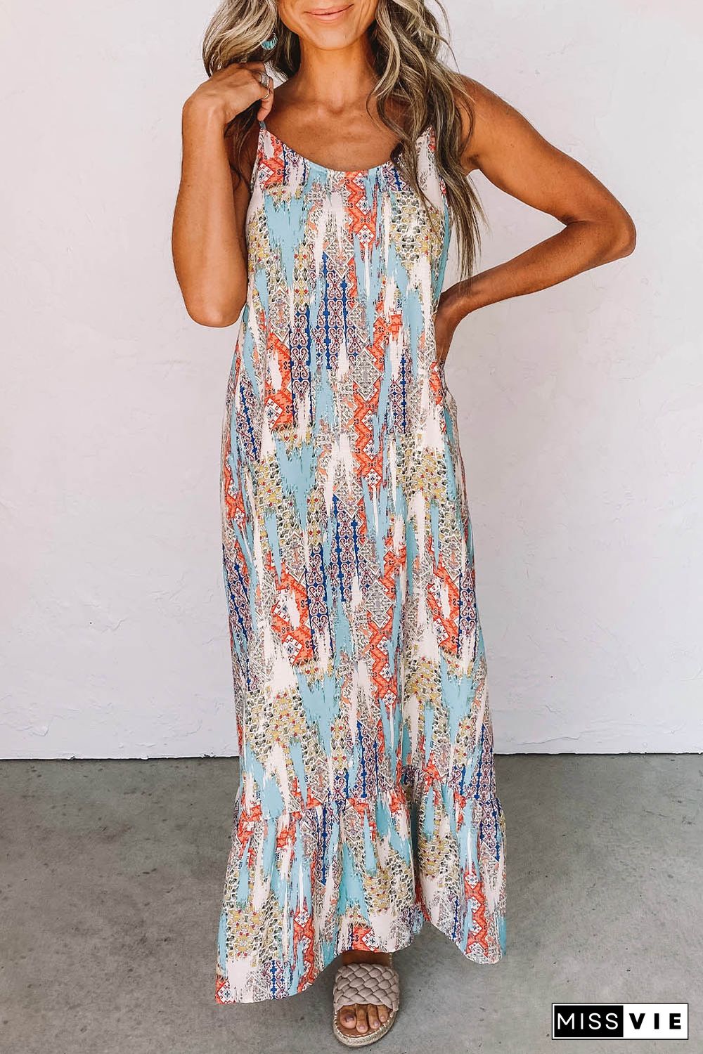 Sky Blue Western Pattern Print Spaghetti Strap Shift Maxi Dress