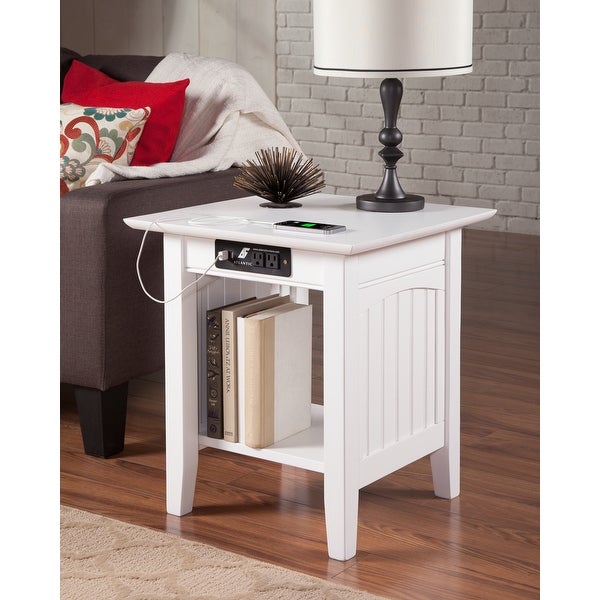 Nantucket Solid Wood End Table with Built-In Charging Station in White