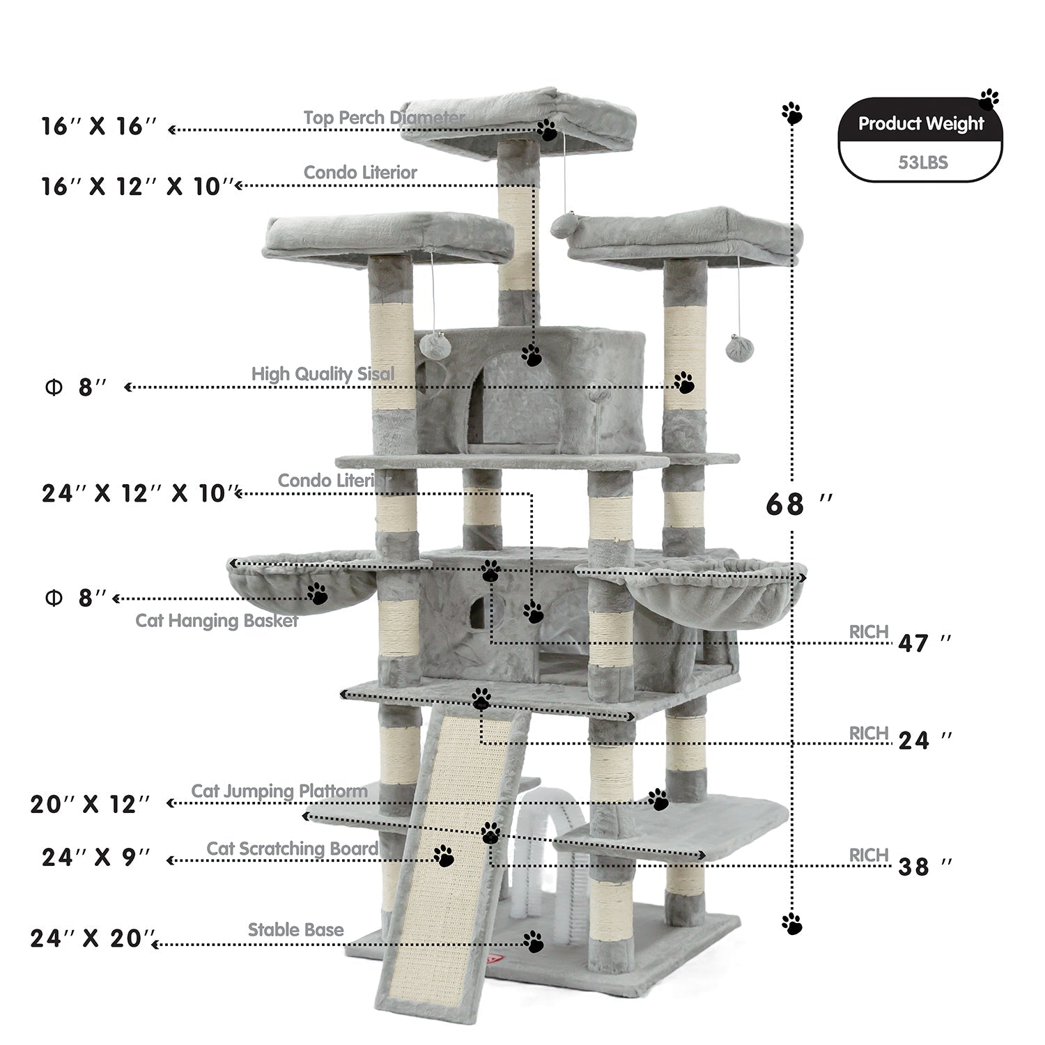 68 Inches Multi-Level Cat Tree Large,Big Cat Tower with Sisal Scratching Posts,Grooming Arch,Cozy Plush Cat Perches and Hammocks,Cat Activity Center Cat Condo Play House(Gray)