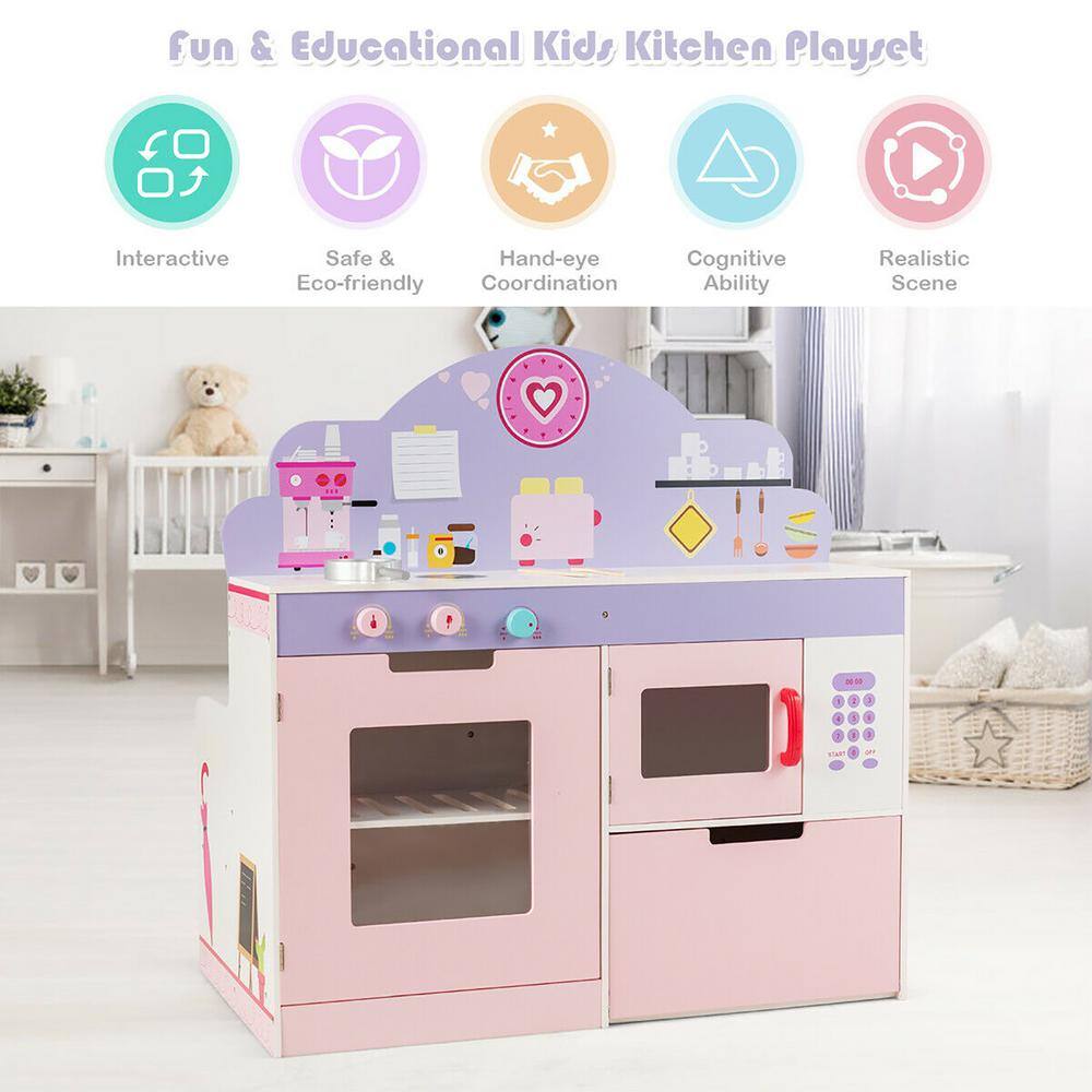 Costway 2-in-1 Kids Play Kitchen and Cafe Restaurant Wooden Pretend Cooking Playset Toy Pink HW64637