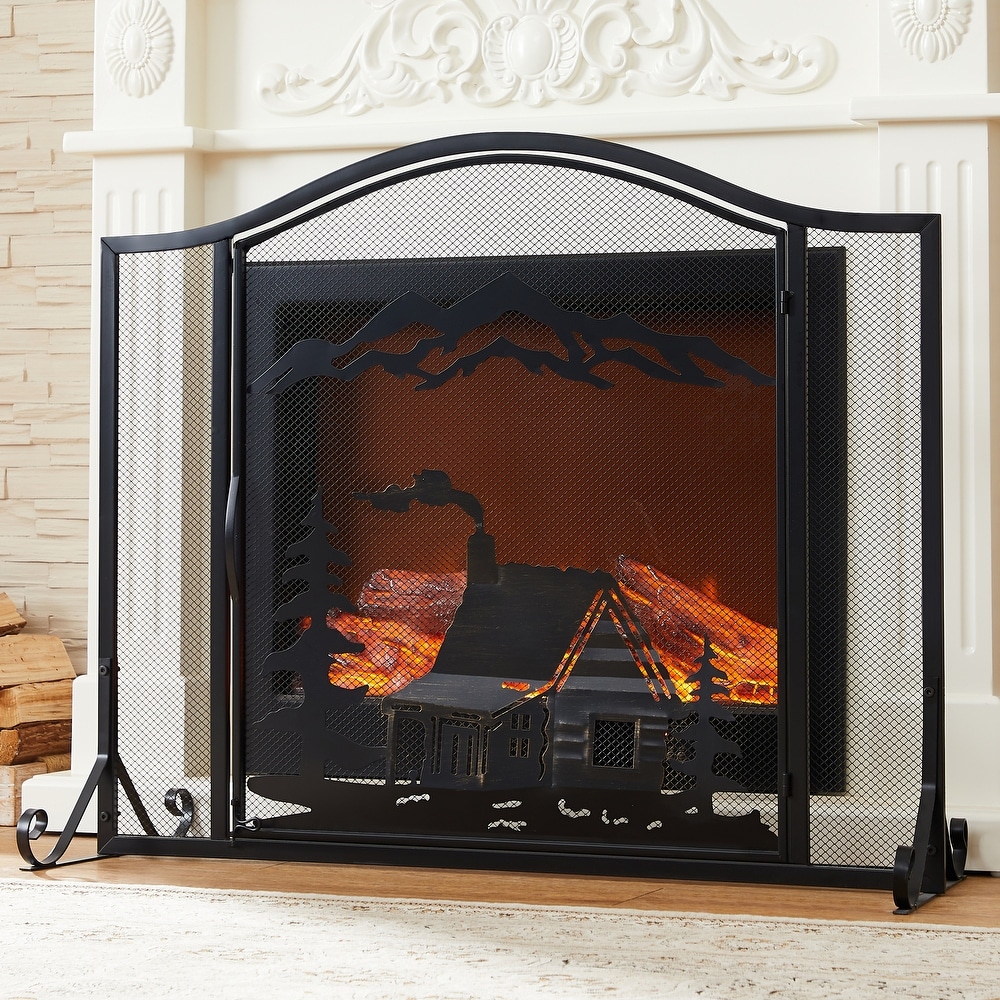 Unique Forest woodhouse Black Single Panel Iron Fireplace Screen 37.8*12.2*30.71 inches   37.8*12.2*30.71 inches