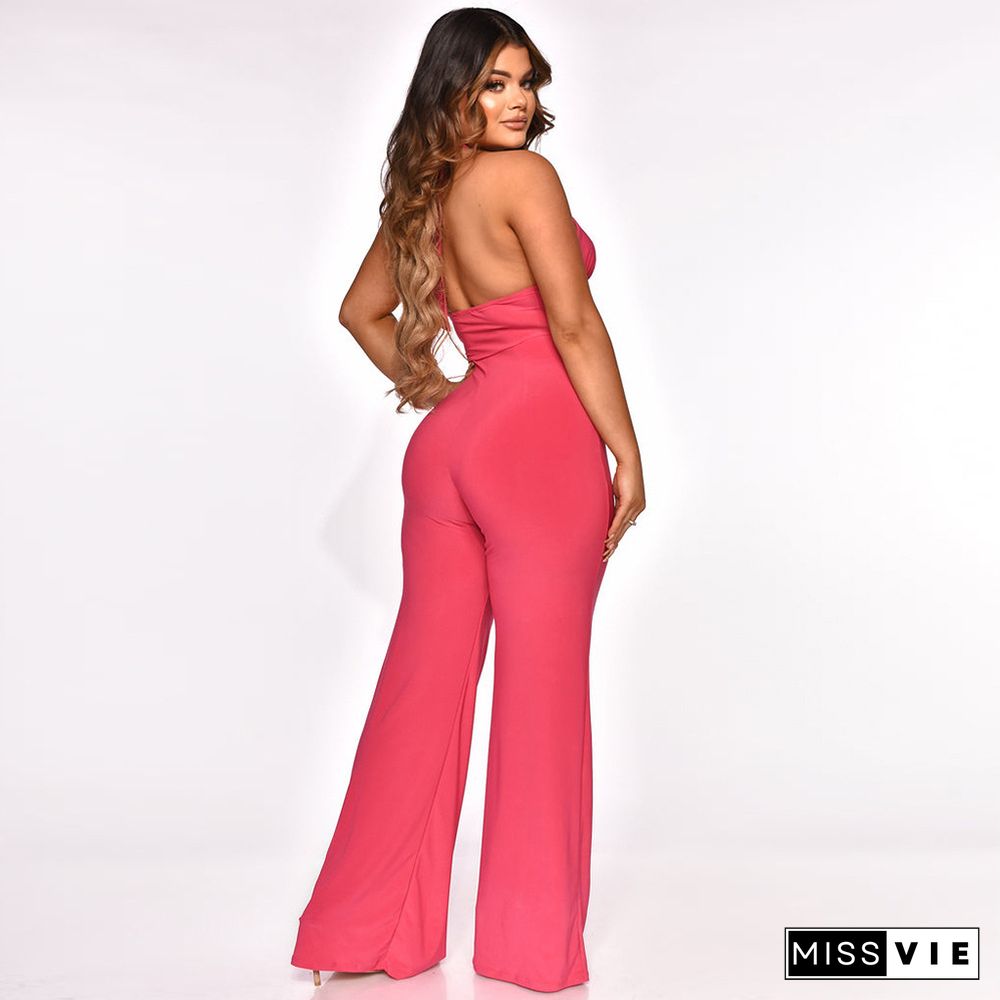 Cut Out Halter Neck Backless Wed Leg Jumpsuit