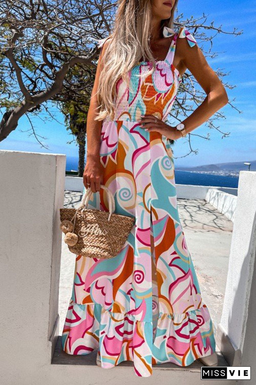 Elegant Print Flounce Slit Spaghetti Strap A Line Dresses