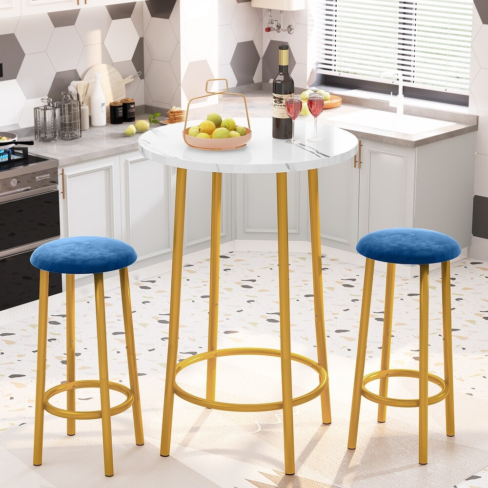 Eureka Modern 3 Pieces Fuax Marble Bar Table Set  Counter Height Round Pub Kitchen Dining Table Set with 2 Padded Stools