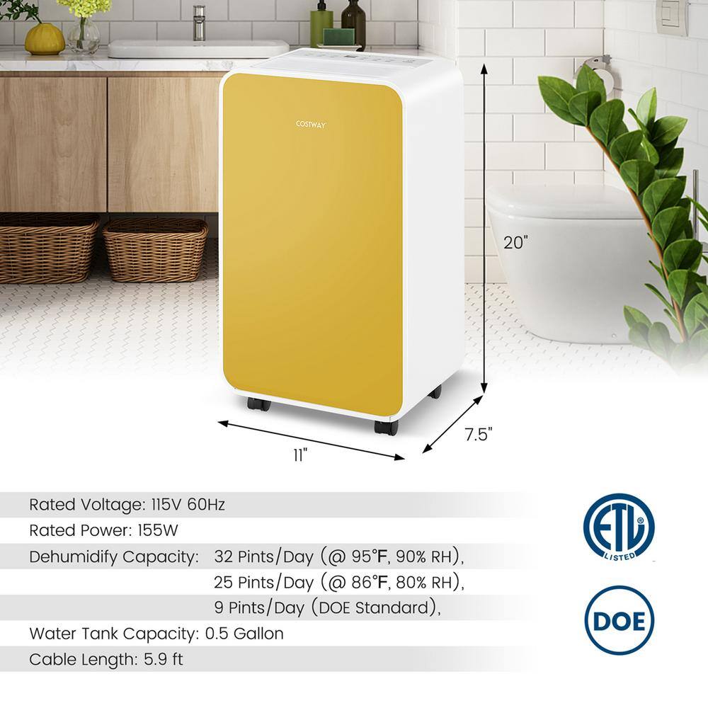 Costway 32 pt. 2500 sq. ft. Dehumidifier for Home Basement 3 Modes Portable in. Whites + Yellow ES10261US-YW