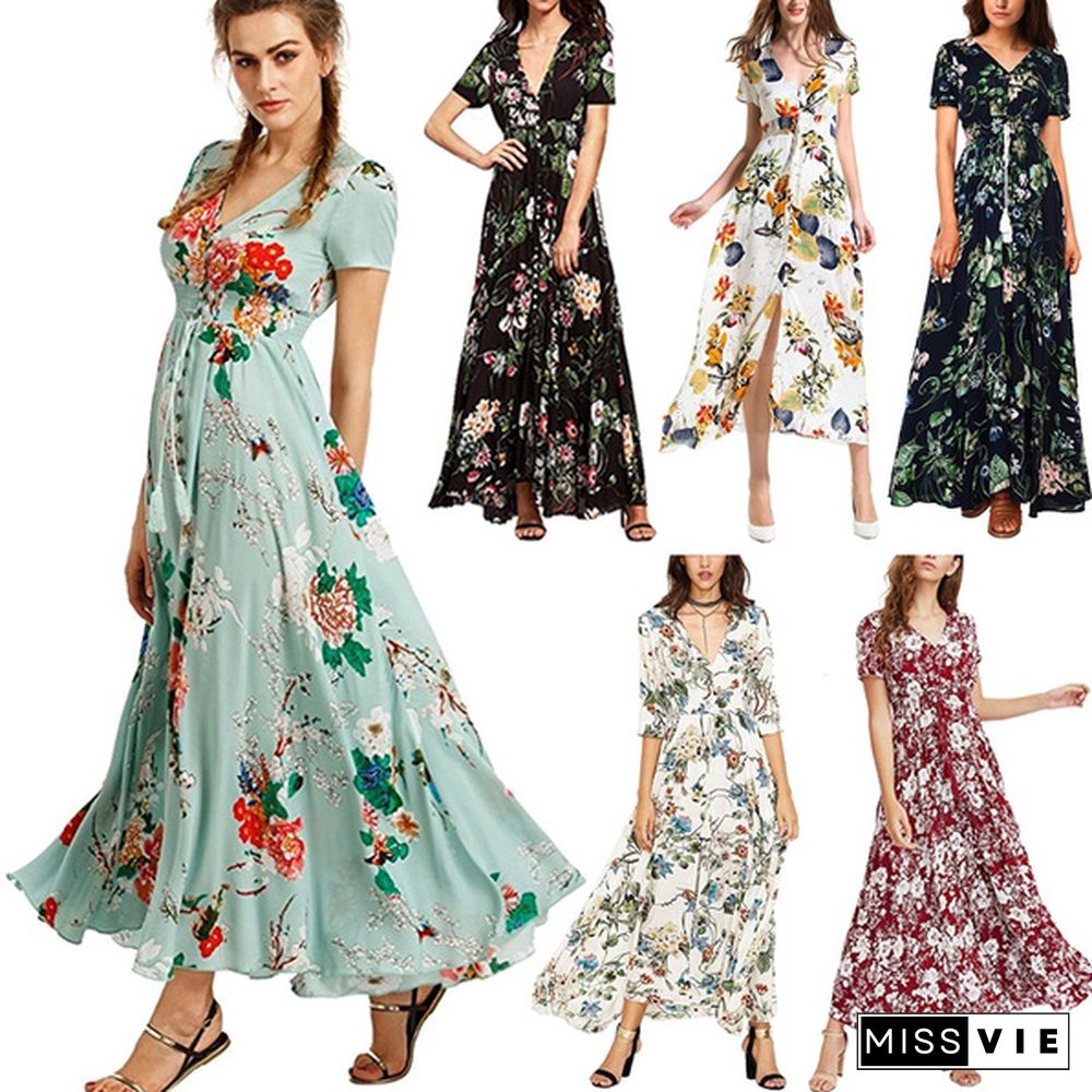 New Spring And Summer Women's Split Dress Printed Beach Dress Elegant Long Skirt Plus Size S-5Xl