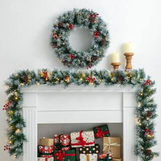 9 ft. Pre-Lit Greenery Pine Cones and  Red Berries Artificial Christmas Garland with 50 Warm White Lights with Timer 2016000018