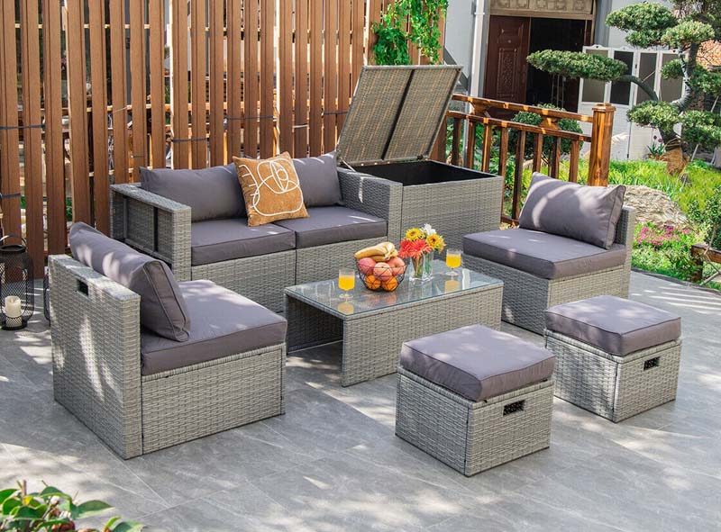 8 Pcs Rattan Patio Sectional Furniture Set Wicker Outdoor Cushioned Sofa Set with Storage Box & Waterproof Cover