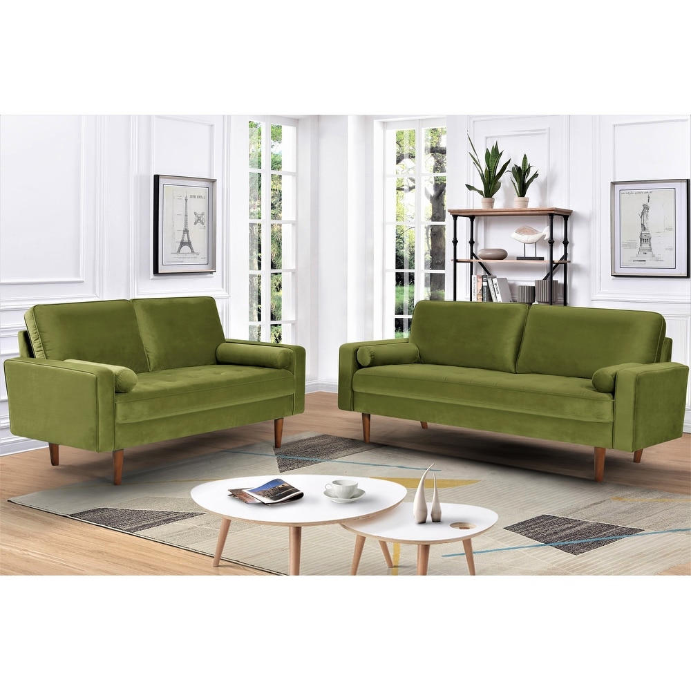 Monahan Wood Frame Velvet Tufted 2 PCS Living Room Set  Sofa   Loveseat