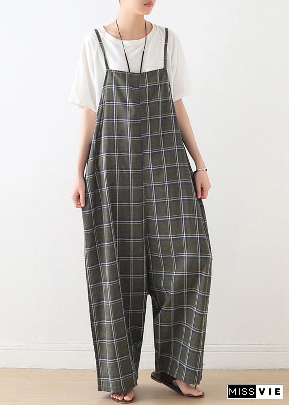 Women Baggy Green Plaid Cotton Spaghetti Strap Jumpsuit Summer