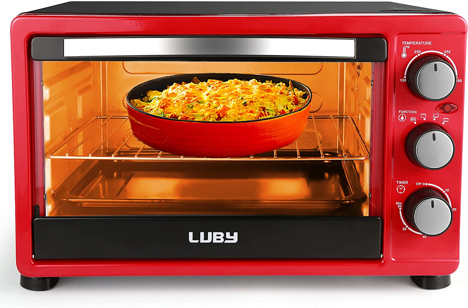 LUBY Convection Toaster Oven with Timer， Toast， Broil Settings， Includes Baking Pan， Rack and Crumb Tray， 6-Slice， Red