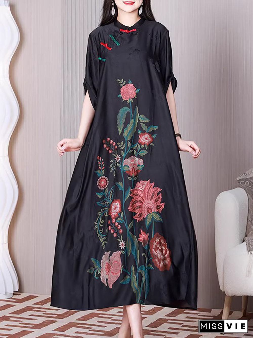 Plus Size Women Ethnic Flower A-shape Loose Dress