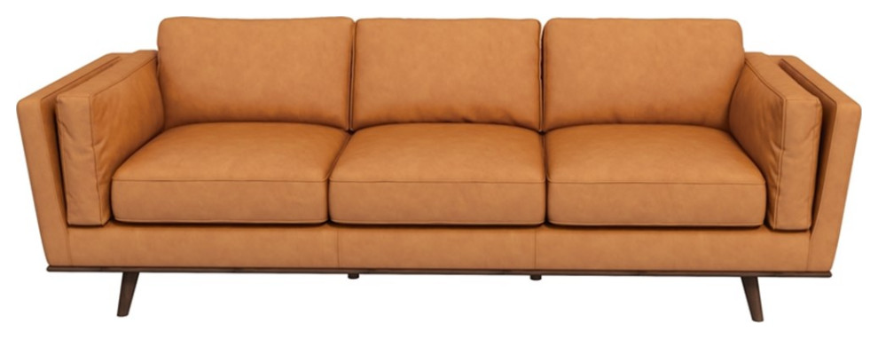 Sienna Mid Century Cushion Back Genuine Leather Upholstered Sofa in Tan   Midcentury   Sofas   by Homesquare  Houzz