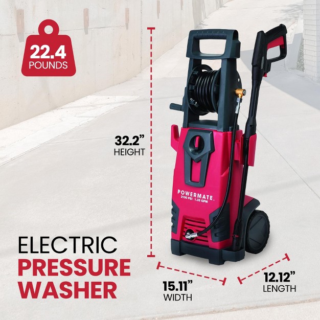 Powermate 2100 Psi 1 3 Gpm Portable Cold Water Electric Pressure Washer With Onboard Storage 20 Foot High Pressure Hose And Auto Stop Switch Red