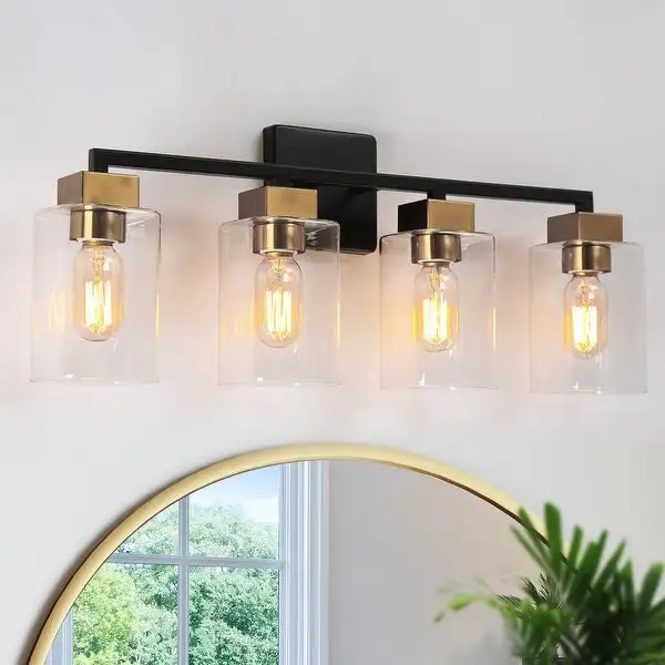 Caylin Mid-Century Modern Black Gold 4-Light Square Bathroom Vanity Lights Dimmable Wall Sconces - 25