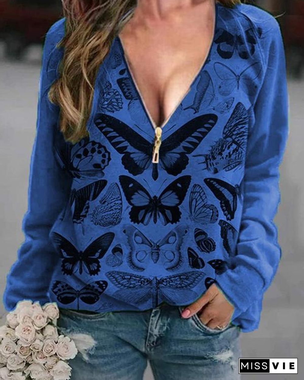 Butterfly Printed V Neck Print Sweatshirt