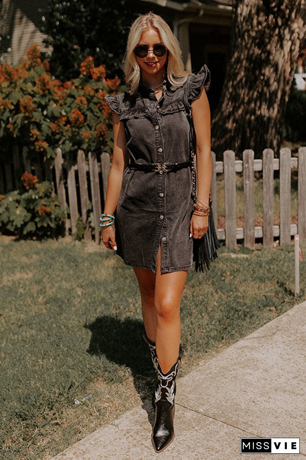 Black Ruffled Cap Sleeves Button Up Denim Dress