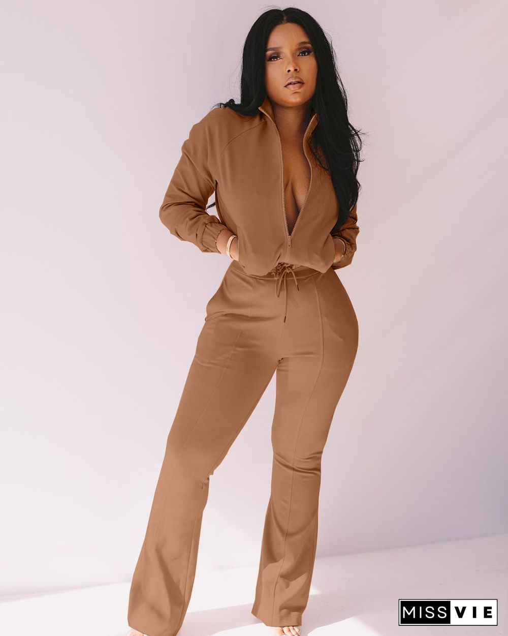 Stylish Solid-color Zip-up High Waist Jumpsuit