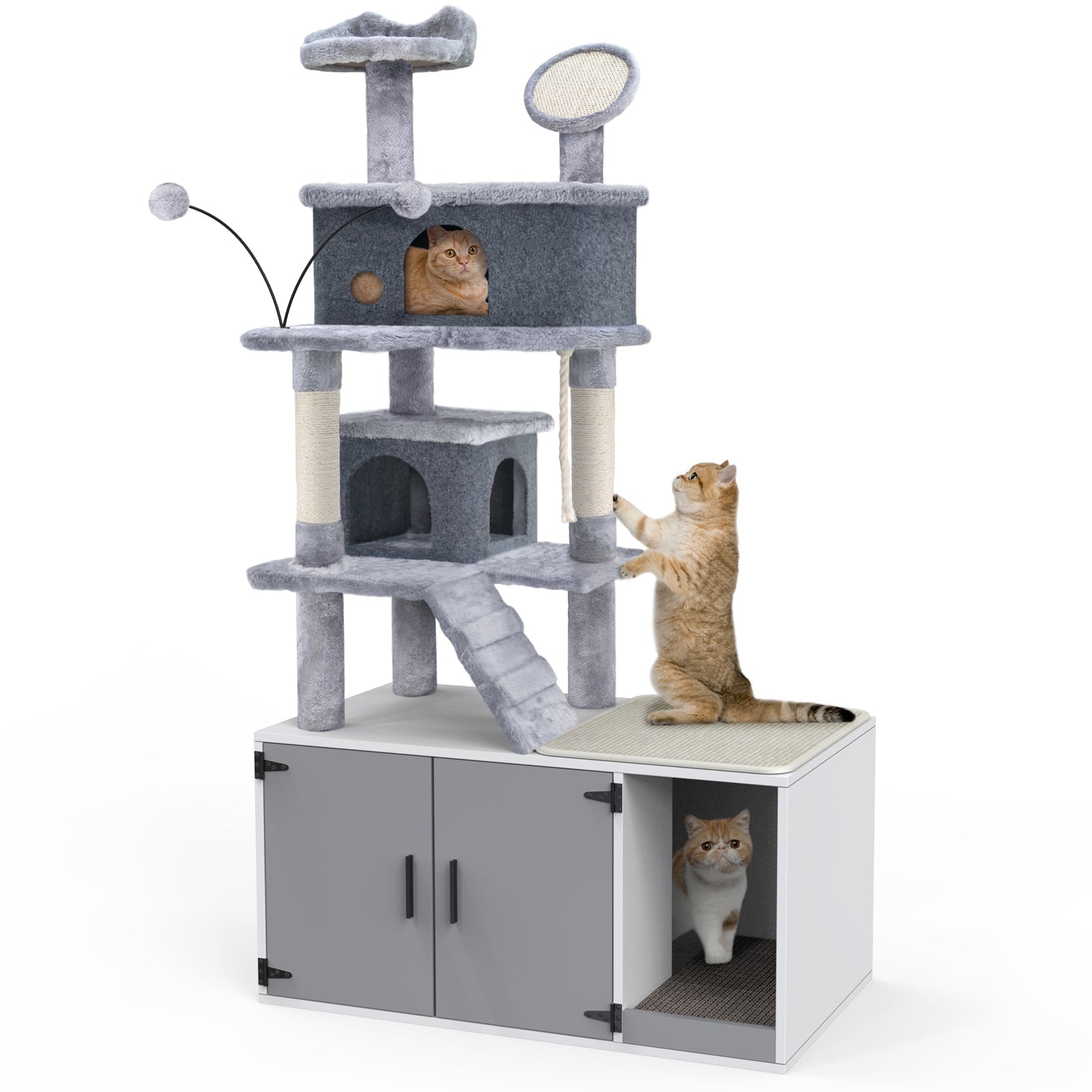 GDLF Cat Litter Box Enclosure Hidden Washroom Tower All-In-One Tree Condo， Grey