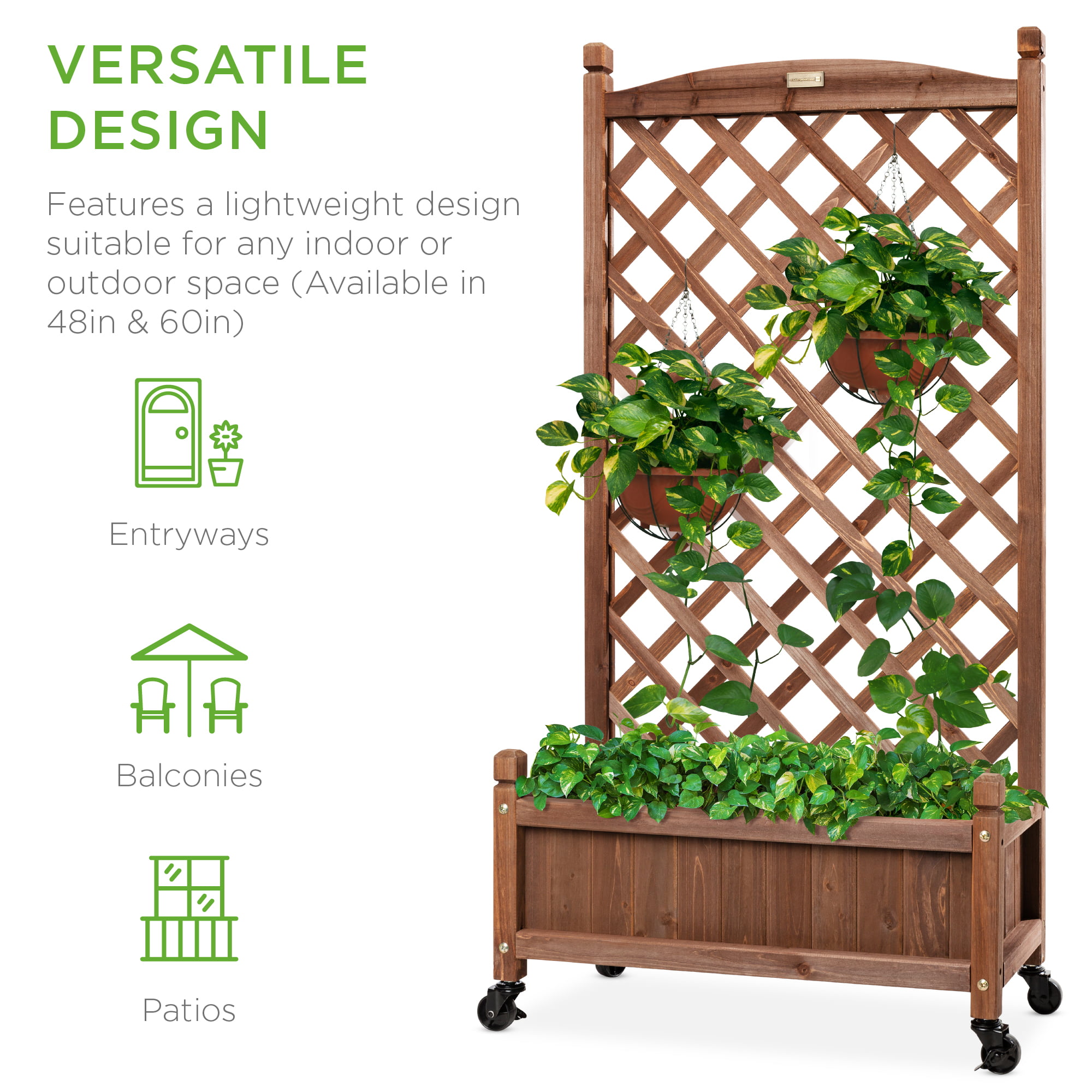 Best Choice Products 60in Mobile Wood Planter Box and Diamond Lattice Trellis， w/ Drainage Holes， Optional Wheels - Walnut