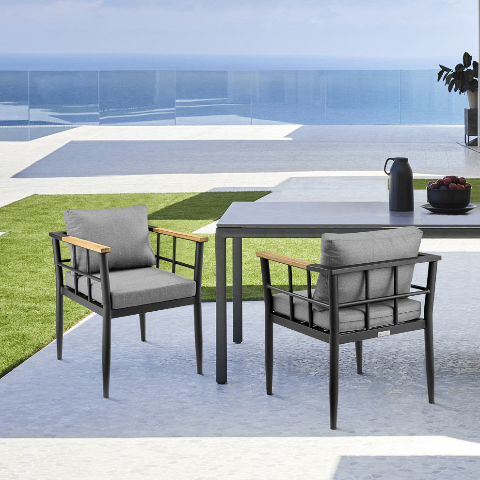 Beowulf Outdoor Dining Chair  Aluminum and Teak With Gray Cushions   Set of 2   Midcentury   Outdoor Dining Chairs   by Armen Living  Houzz