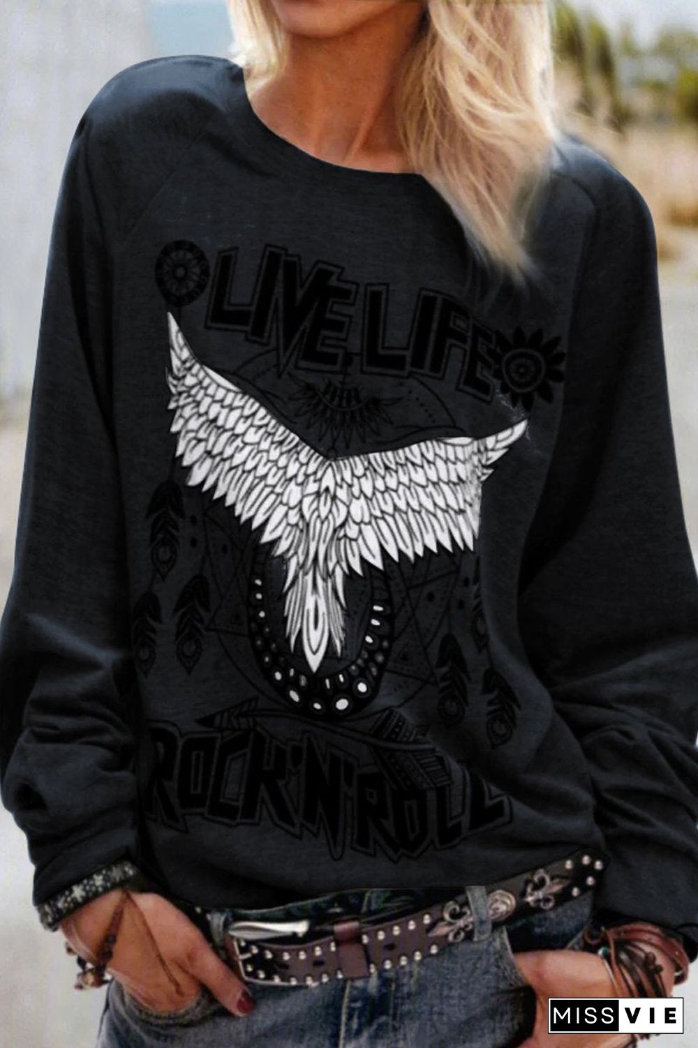 Letter Eagle Print Long Sleeve Top T-Shirt