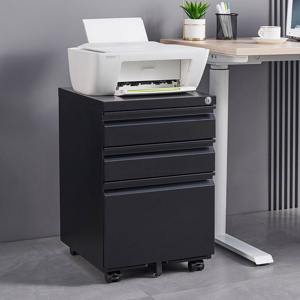 3-Drawer Black 24 in. H x 18 in. W x 15 in. D Metal Mobile File Cabinet Locking Filing Cabinet with Wheels FY-W124770976