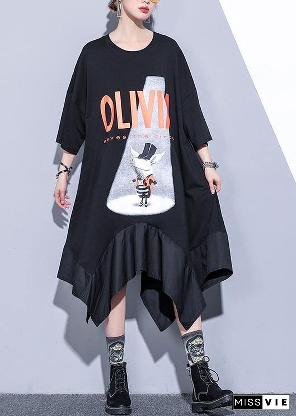 French black prints cotton clothes asymmetric hem Robe summer Dress