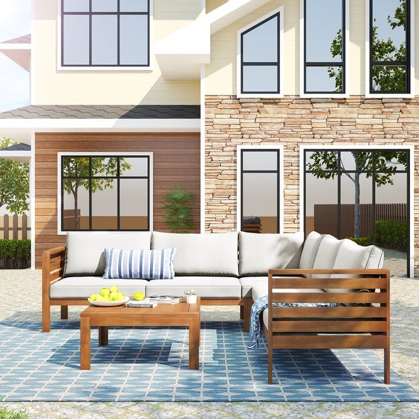 4-Piece Solid Wood Outdoor Sofa Set with Square Coffee Table and Removable Cushions - Overstock - 36272890