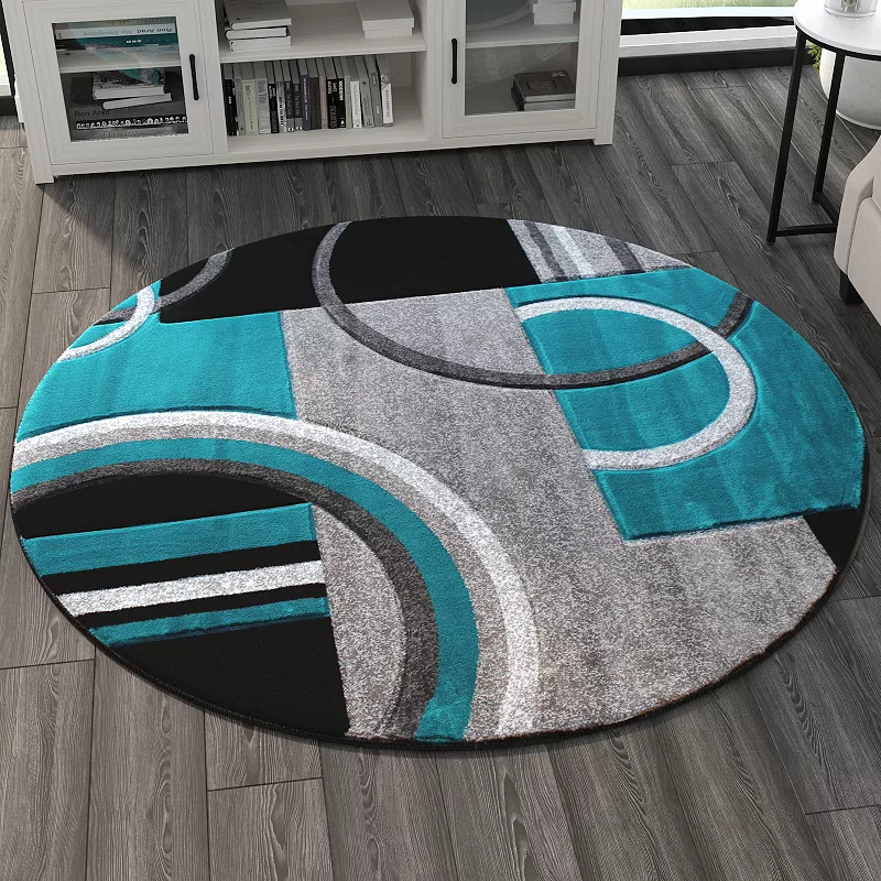 Masada Rugs Masada Rugs Sophia Collection 5'x5' Hand Sculpted Modern Contemporary Round Area Rug in Turquoise， Gray， White and Black