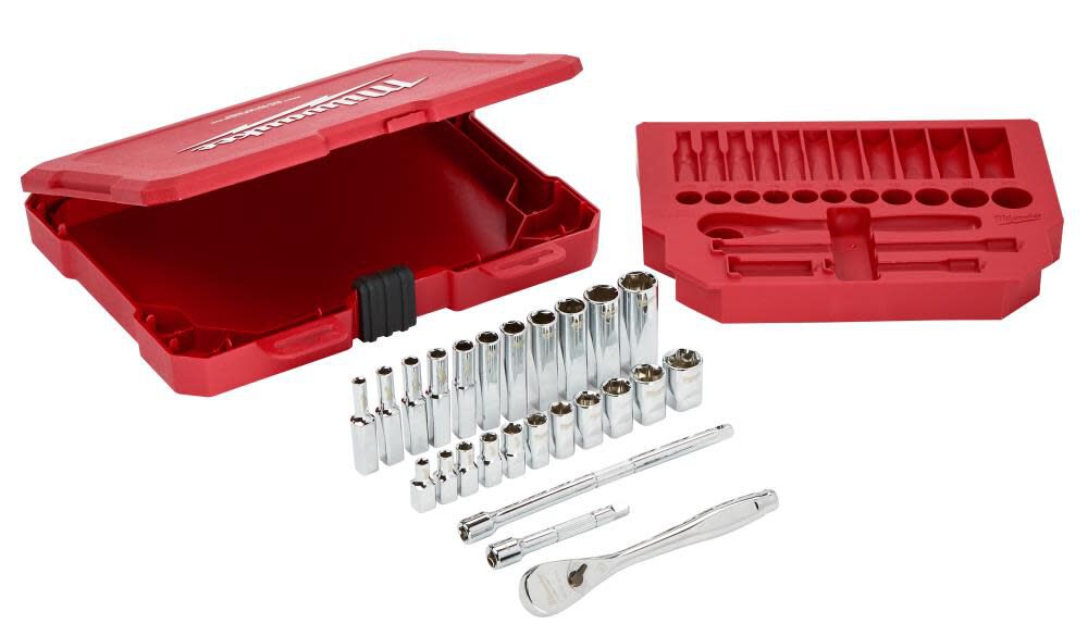 Milwaukee 54pc 1/4In and 3/8In Dr SAE Mechanics Socket Set Bundle 48-22-9404-9408B from Milwaukee