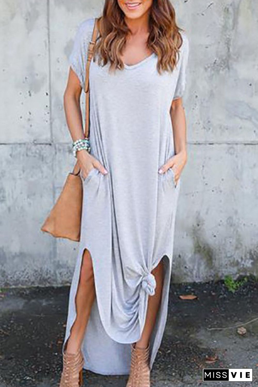 Solid Side Slit Pocket Maxi Dress