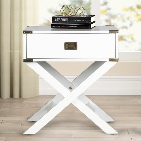 Roundhill Furniture Trava X-Cross Base Wood End Table with Drawer